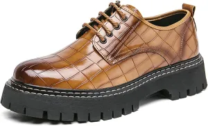 Men's Print Lace Up Platform Increase Oxfords,Fashion PU Leather Lug Sole Loafers Classic Round Toe Comfort Slip On Dress Shoes