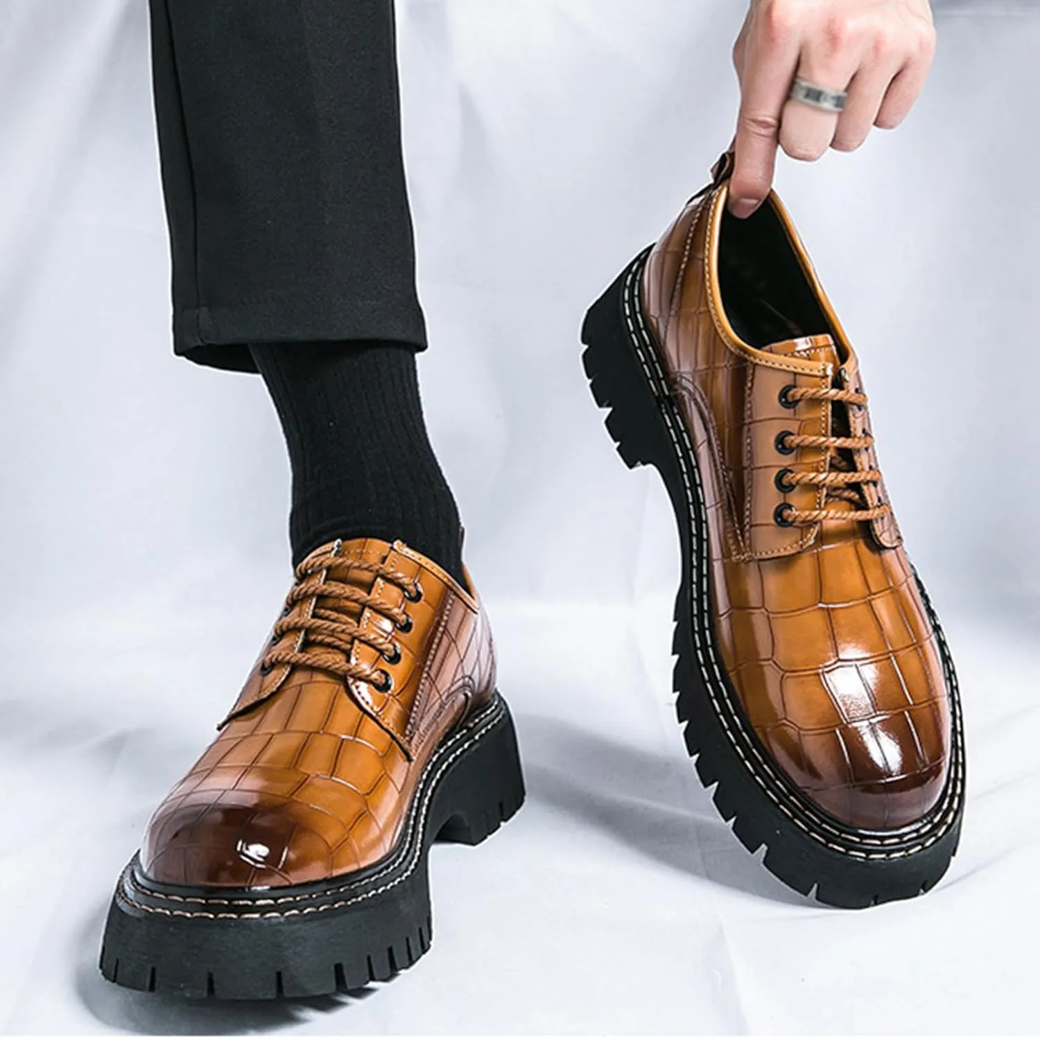 Men's Print Lace Up Platform Increase Oxfords,Fashion PU Leather Lug Sole Loafers Classic Round Toe Comfort Slip On Dress Shoes