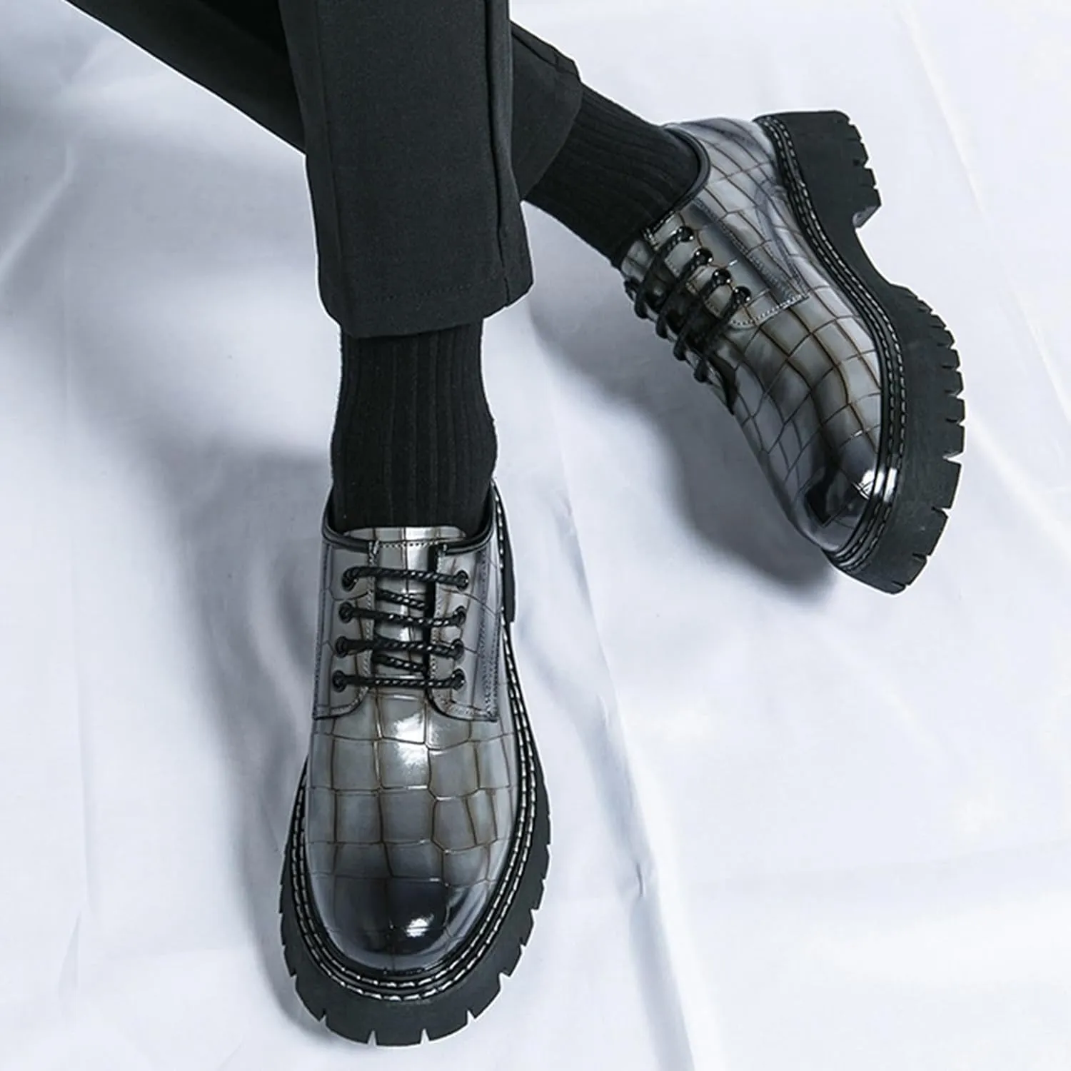 Men's Print Lace Up Platform Increase Oxfords,Fashion PU Leather Lug Sole Loafers Classic Round Toe Comfort Slip On Dress Shoes