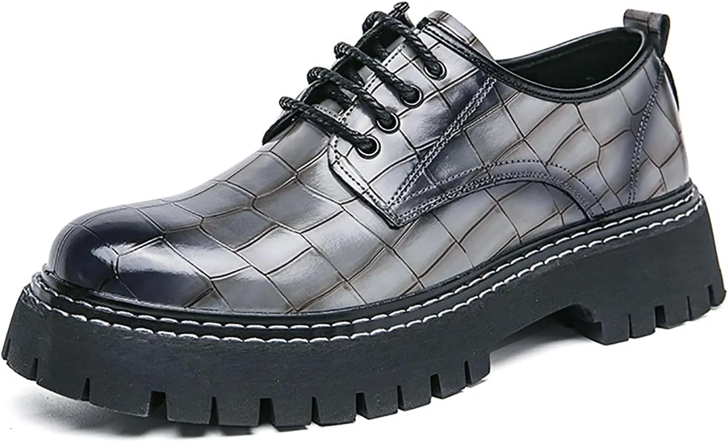Men's Print Lace Up Platform Increase Oxfords,Fashion PU Leather Lug Sole Loafers Classic Round Toe Comfort Slip On Dress Shoes