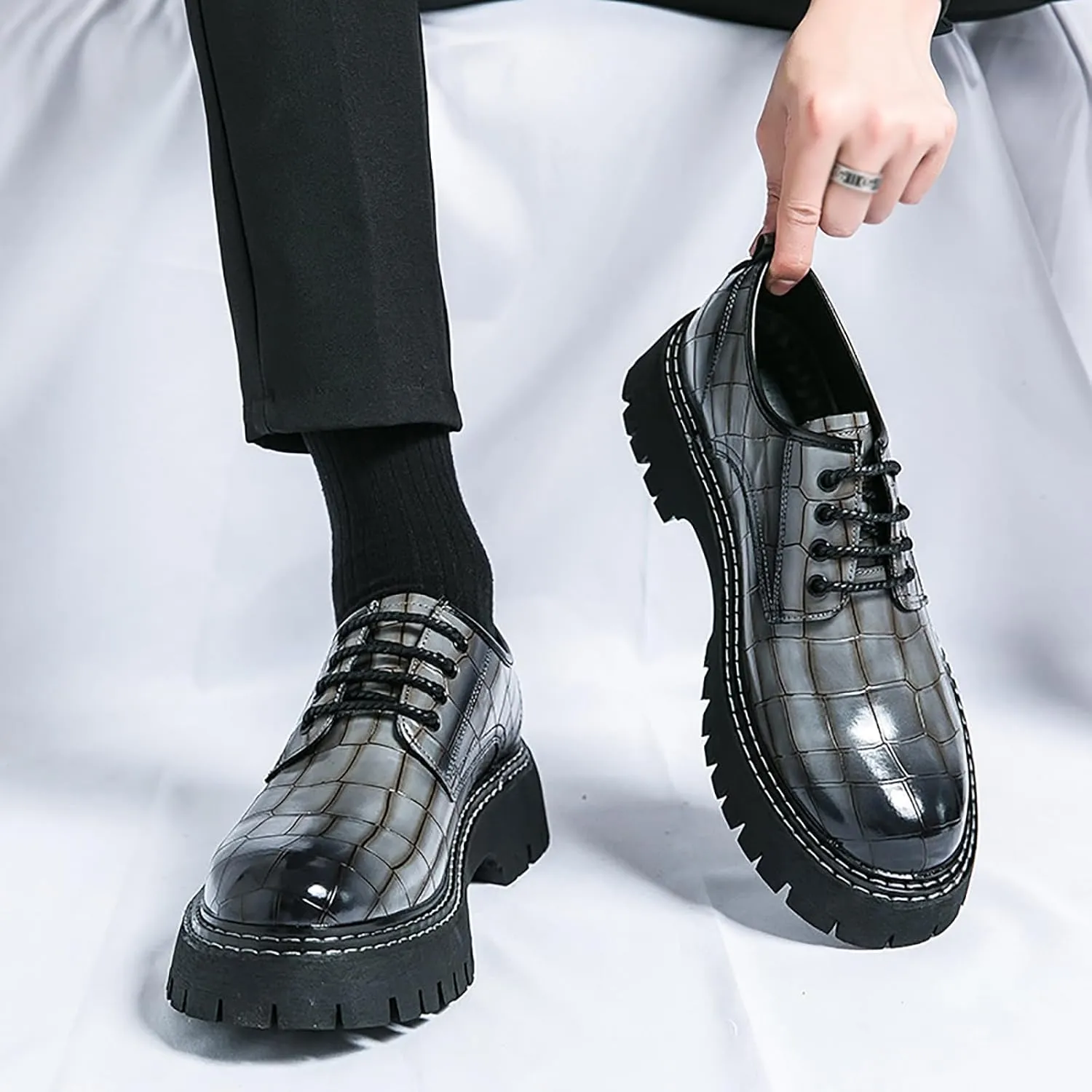 Men's Print Lace Up Platform Increase Oxfords,Fashion PU Leather Lug Sole Loafers Classic Round Toe Comfort Slip On Dress Shoes