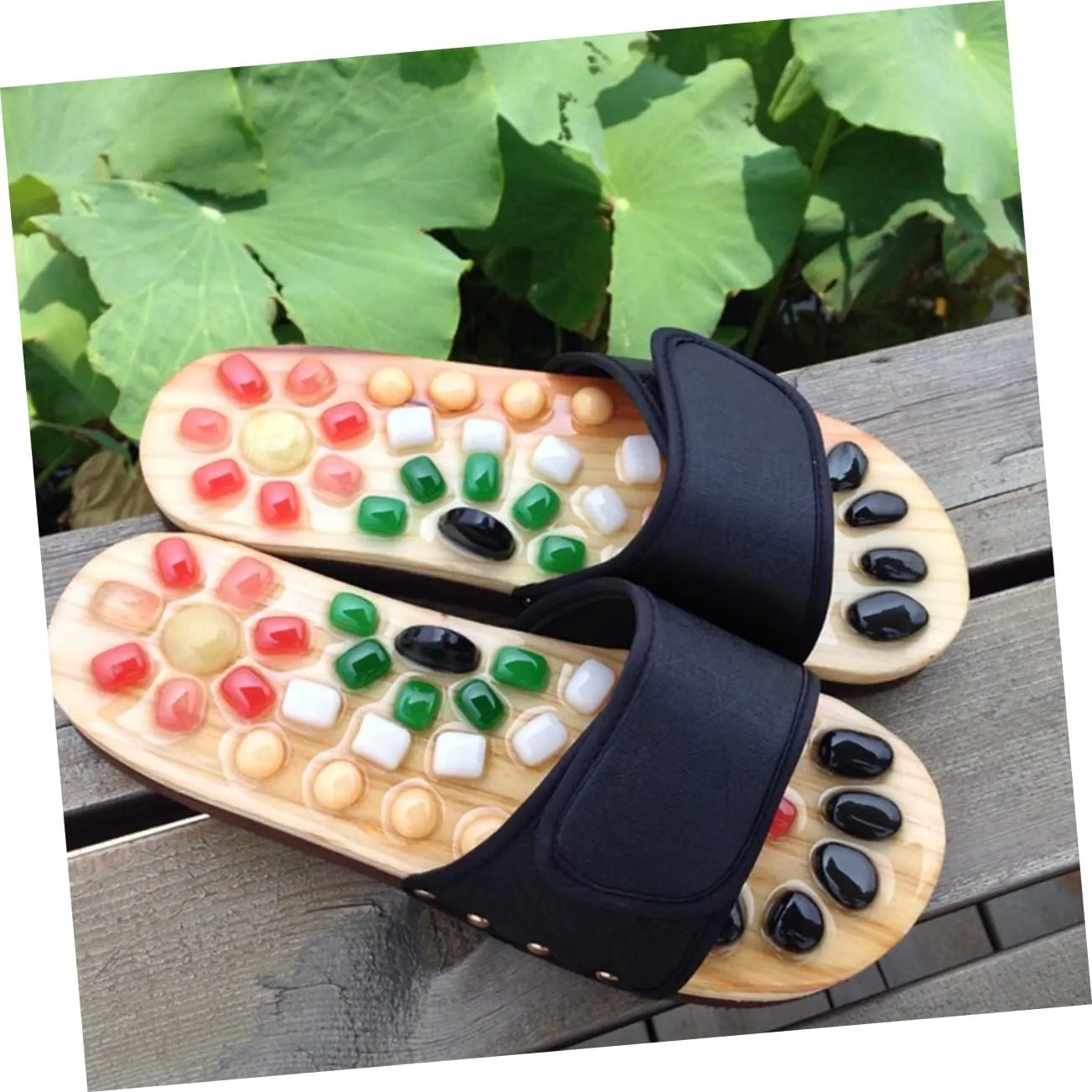 Men's Reflexology Massage Slippers Acupressure Sandals for Foot Health Natural Jade Stone Cobblestone Shoes Size 41-42