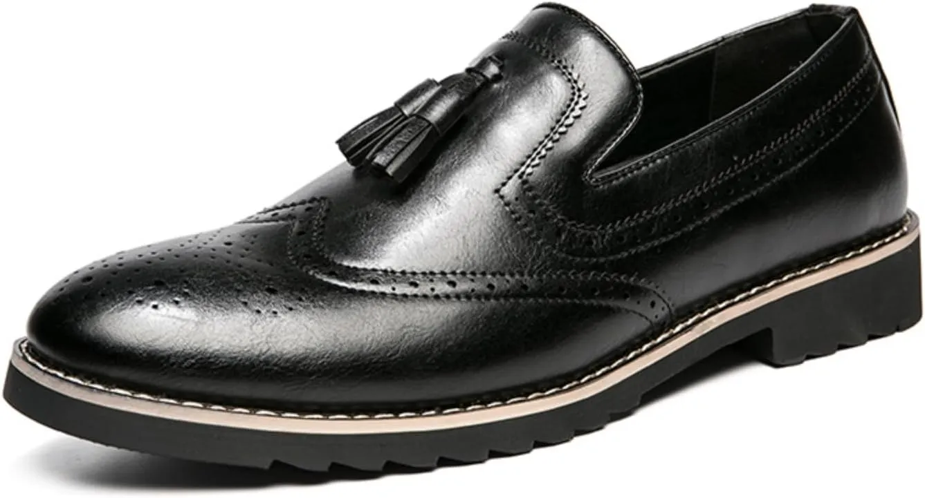 Mens Retro Brogue Leather Tassels Slip-On Dress Loafers Round Toe Non-Slip Low Top Casual Wingtip Shoes for Formal Business Wedding