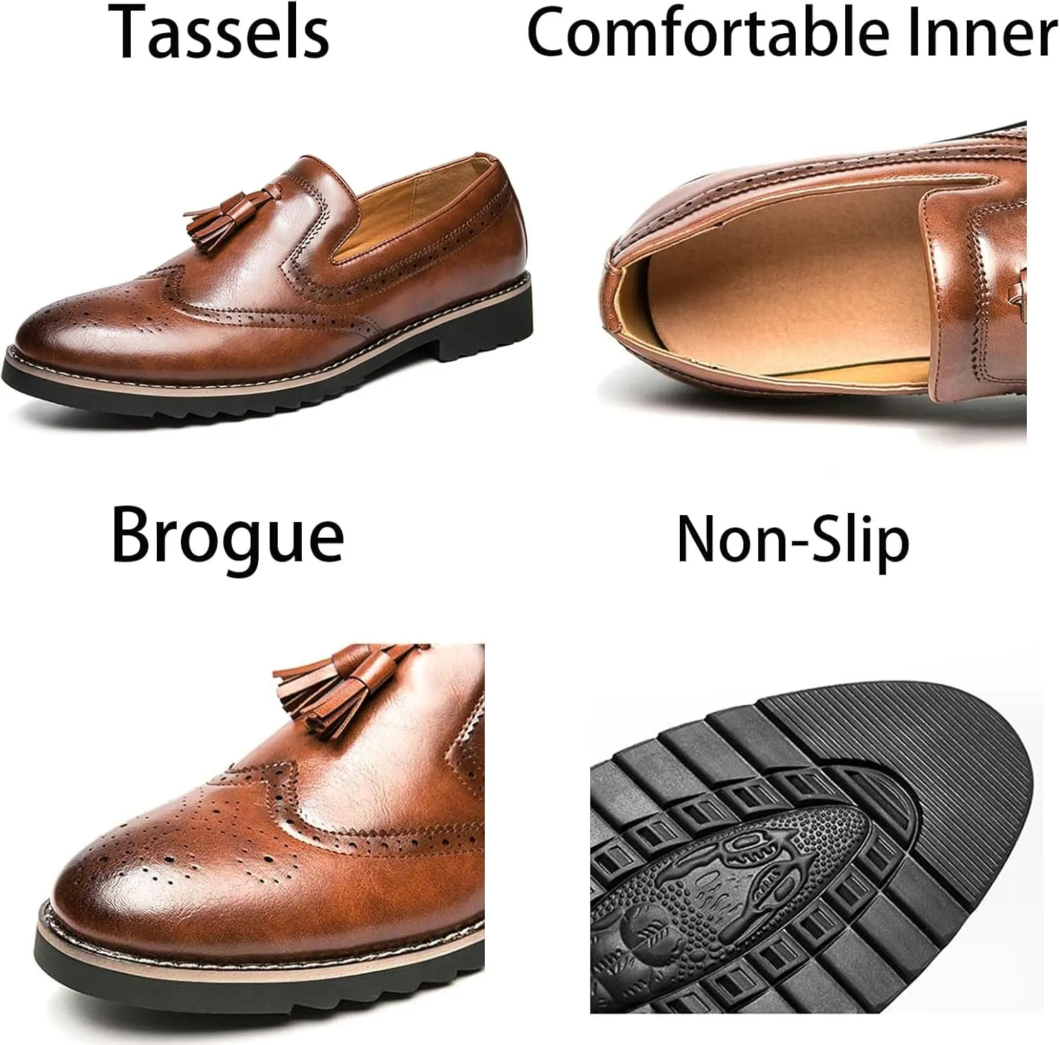 Mens Retro Brogue Leather Tassels Slip-On Dress Loafers Round Toe Non-Slip Low Top Casual Wingtip Shoes for Formal Business Wedding