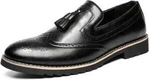 Mens Retro Brogue Leather Tassels Slip-On Dress Loafers Round Toe Non-Slip Low Top Casual Wingtip Shoes for Formal Business Wedding