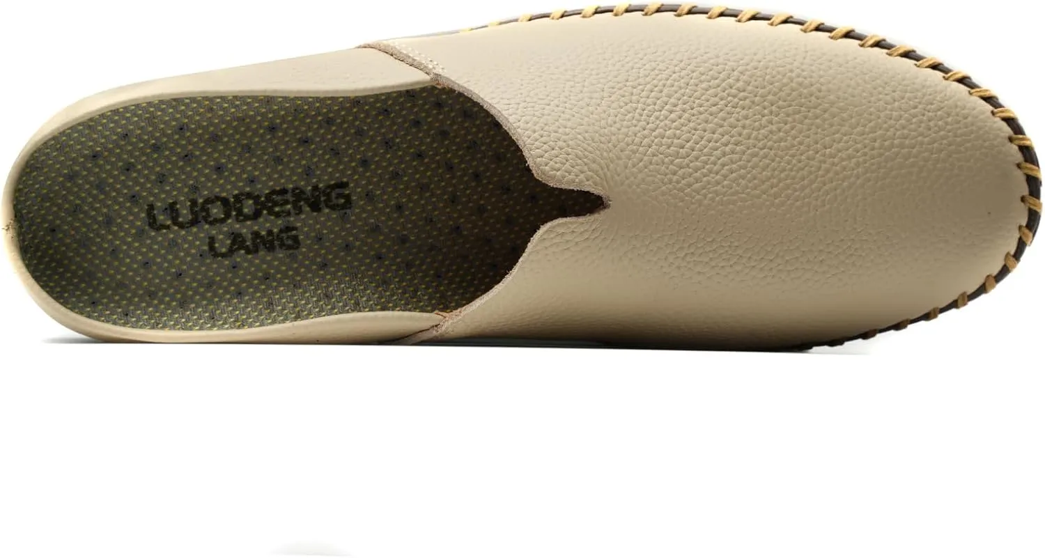 Men’s Slip-On Loafers Mules Clog Handmade Leather Slippers Hand Stitched no-Heel Casual Shoes for Men Breathable Comfortable Soft
