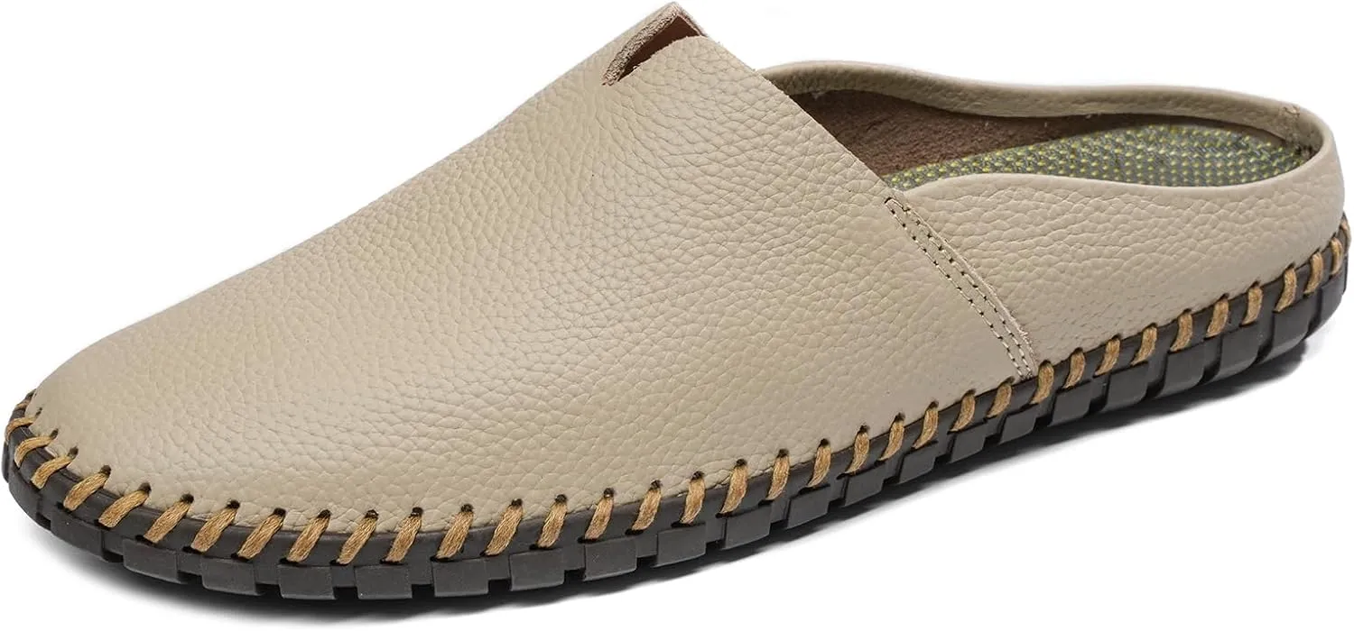 Men’s Slip-On Loafers Mules Clog Handmade Leather Slippers Hand Stitched no-Heel Casual Shoes for Men Breathable Comfortable Soft