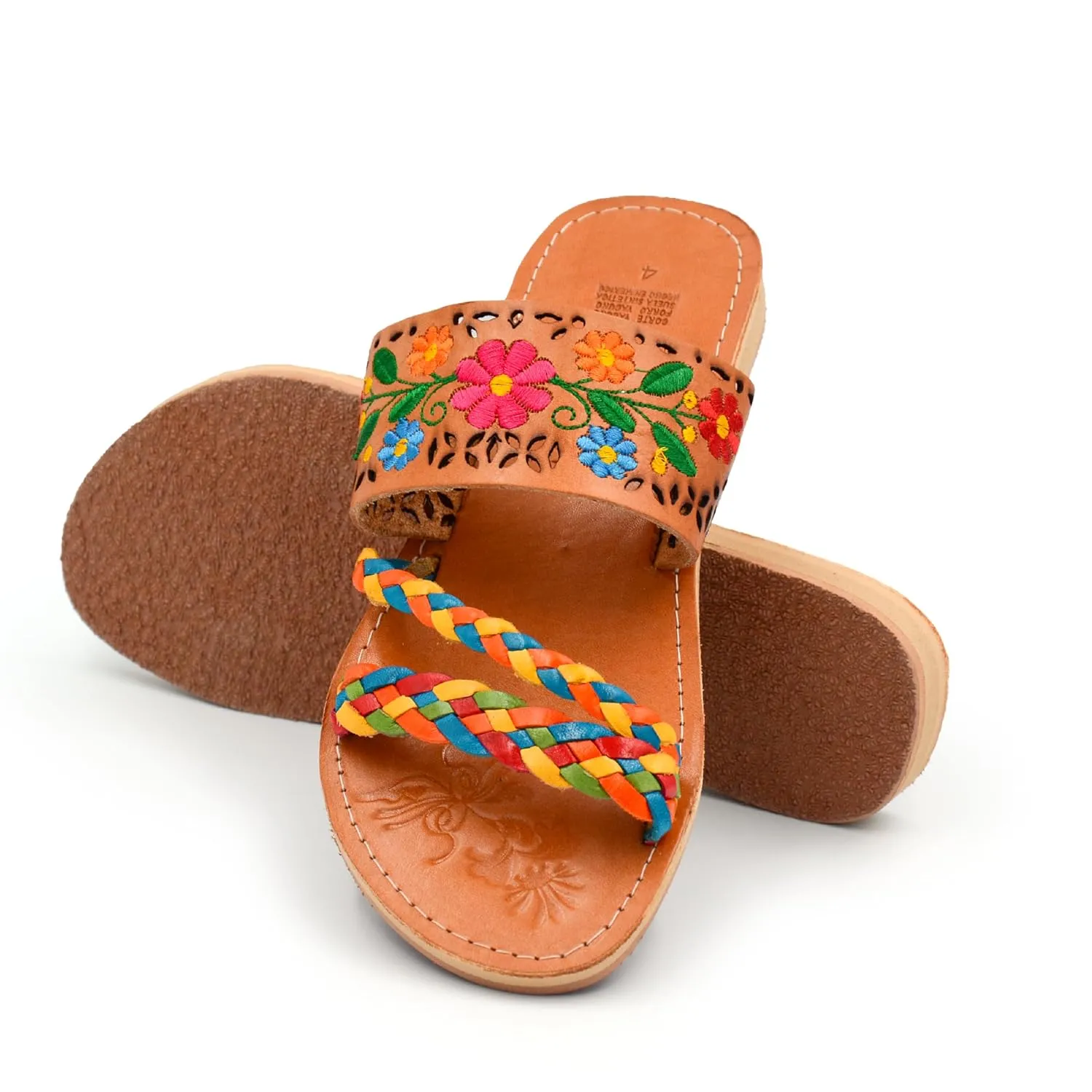 Mexican Leather Sandals with Embroidered Flowers and Braided Straps for Women - Model 216 (6)