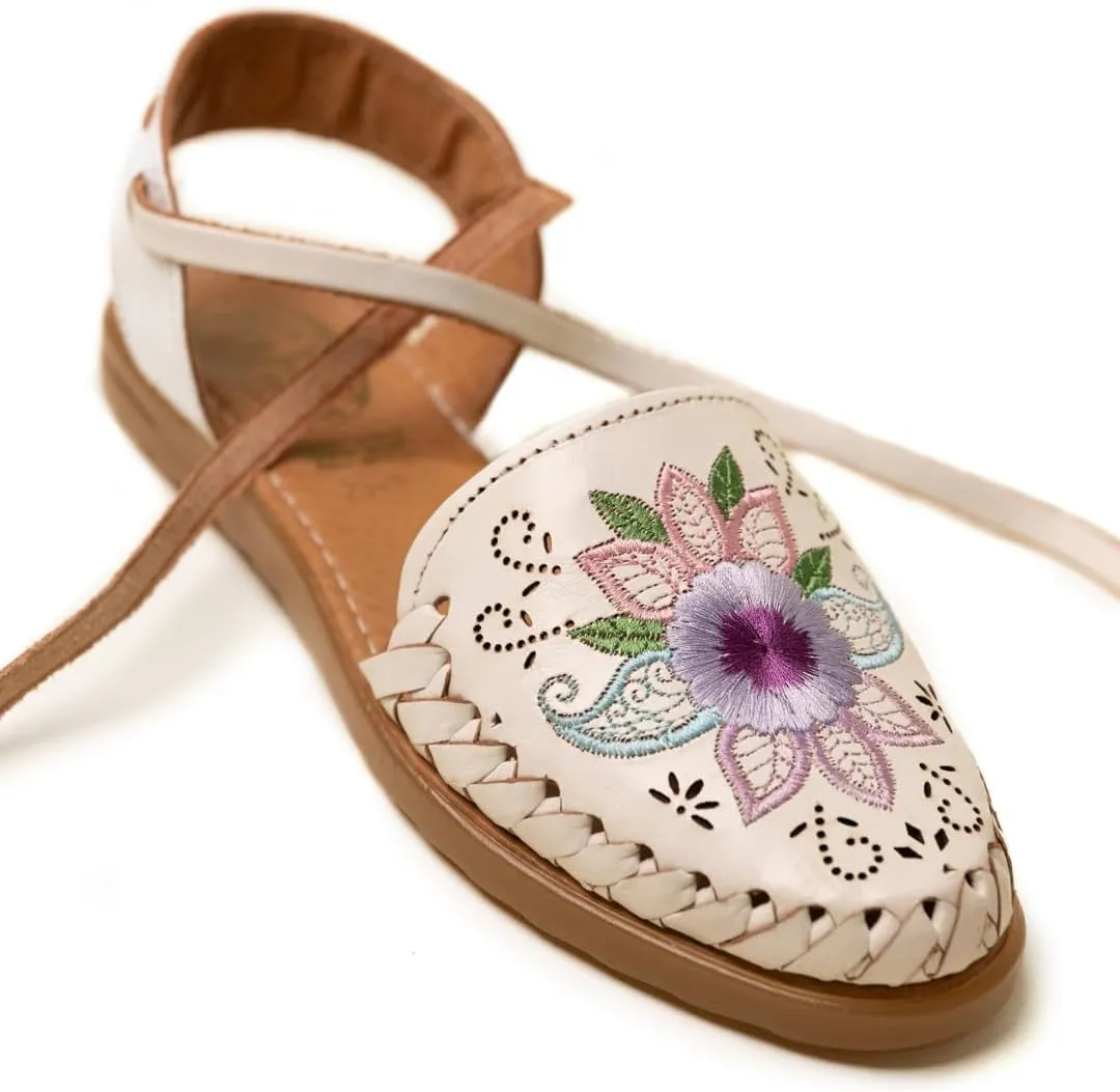 Mexico en la Piel Handcrafted Leather Huarache Sandals for Women - Roman Lace-Up Design, Crepe Sole, Floral Embroidery, Lightweight and Breathable, Available in Natural, Shedron, and White