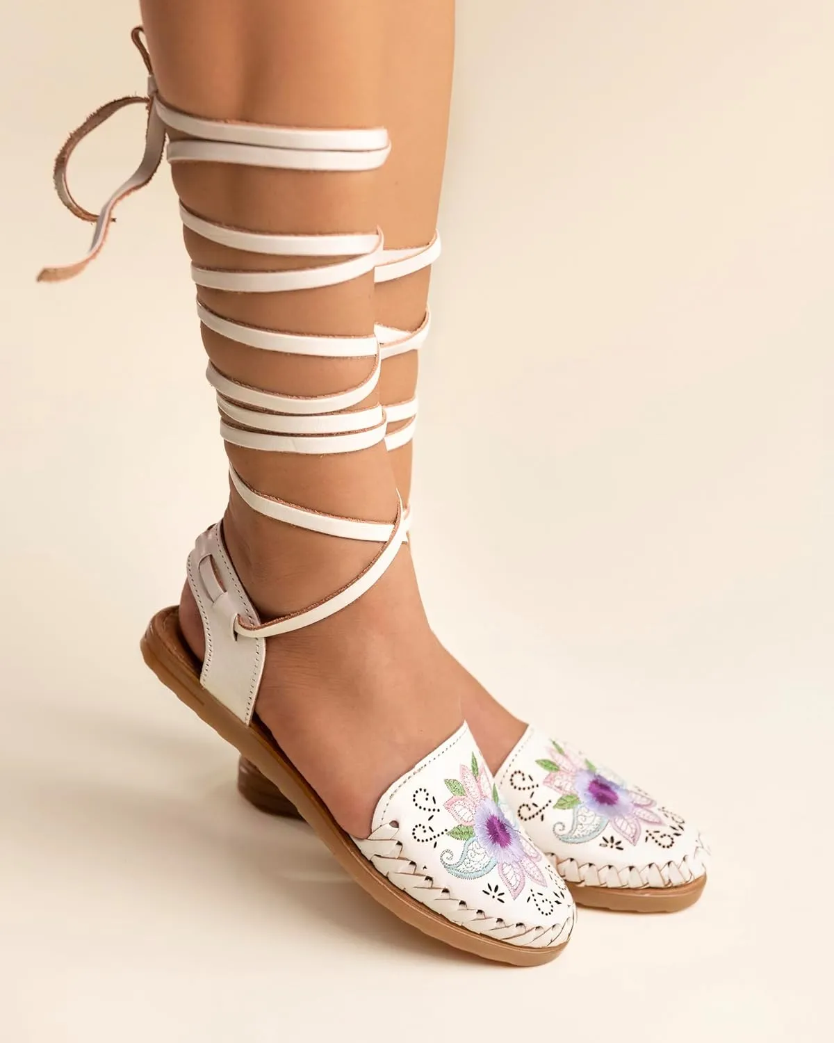 Mexico en la Piel Handcrafted Leather Huarache Sandals for Women - Roman Lace-Up Design, Crepe Sole, Floral Embroidery, Lightweight and Breathable, Available in Natural, Shedron, and White