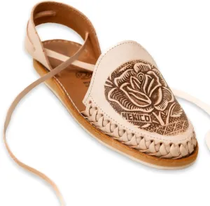 Mexico en la Piel Handcrafted Natural Leather Flat Huarache Sandals for Women – Crepe Sole, Lace-Up, Closed Toe, Hand-Painted Floral Design, Breathable and Lightweight