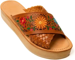 Mexico en la Piel Handmade Leather Slip-On Sandals for Women - Brown Color with Embroidered Detailing, EVA Platform Sole, Comfortable Fit, Sizes 5-10 US