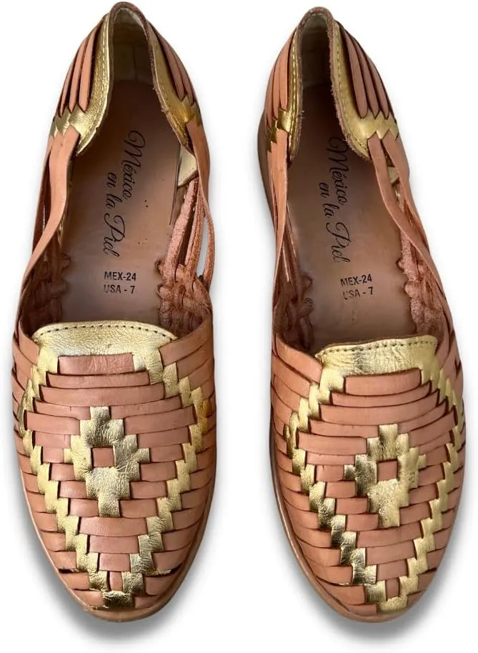 Mexico en la Piel Women's Huarache Sandals - Genuine Leather, Handcrafted Slip-On Flats with Two-Tone Interwoven Design, Lightweight, Comfortable
