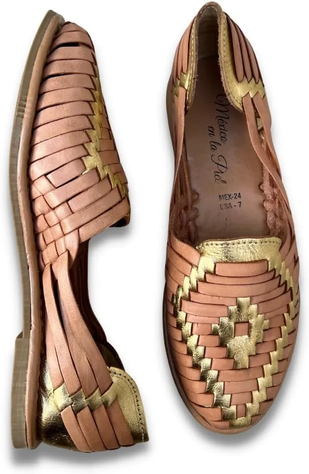Mexico en la Piel Women's Huarache Sandals - Genuine Leather, Handcrafted Slip-On Flats with Two-Tone Interwoven Design, Lightweight, Comfortable