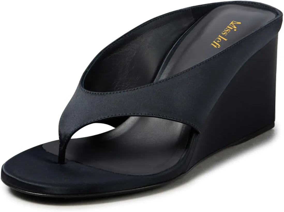 miss left Women Fashion Open Toe Flip Flops Slip on Wedge High Heel Thong Sandals Summer Casual Vacation Daily Wear Mules Size 4-16 US