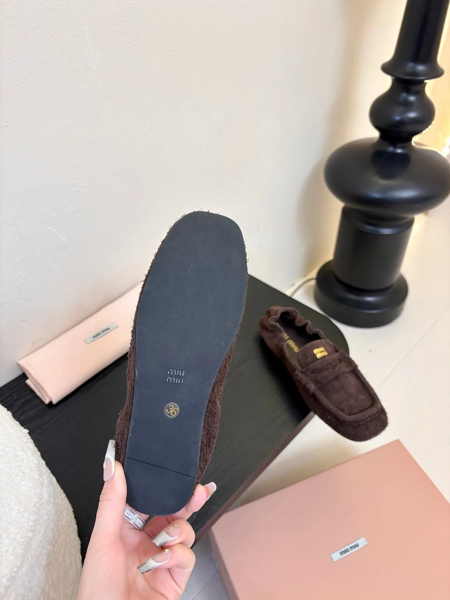 Miu 25C Ruches nappa Loafers Brown Suede 235808