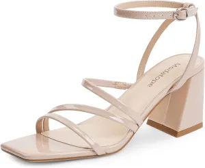 Modatope Women Heeled Sandals Strappy Heels Square Open Toe Chunky Block Heels Ankle Strap Sandals for Women Comfortable Heels