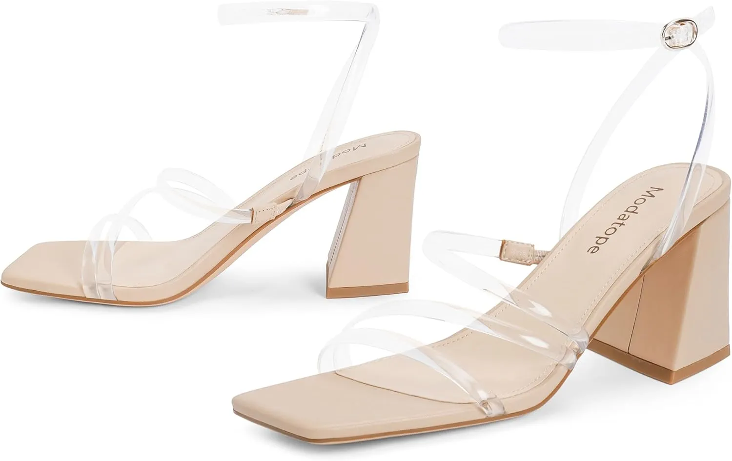 Modatope Women Heeled Sandals Strappy Heels Square Open Toe Chunky Block Heels Ankle Strap Sandals for Women Comfortable Heels