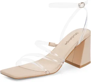 Modatope Women Heeled Sandals Strappy Heels Square Open Toe Chunky Block Heels Ankle Strap Sandals for Women Comfortable Heels