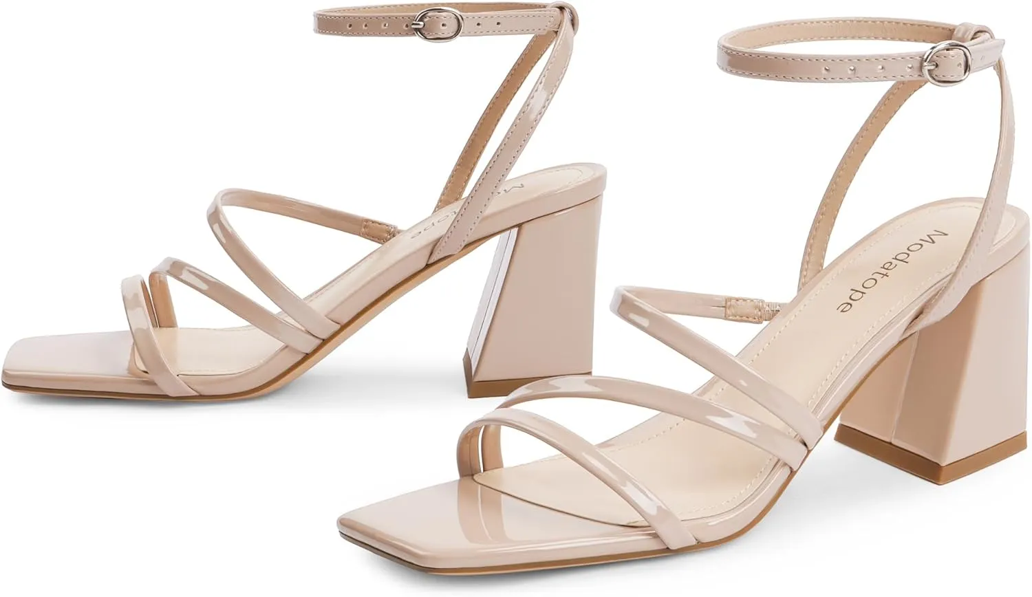 Modatope Women Heeled Sandals Strappy Heels Square Open Toe Chunky Block Heels Ankle Strap Sandals for Women Comfortable Heels