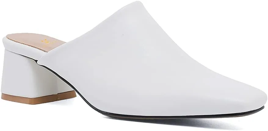 MOOMMO Women Chunky Heel Mules Closed Toe Square Toe Slip On Backless Pumps Mid Block Heel Comfort Matte Leather Slide Sandals Casual Classic Outdoor Slippers Office Casual Basic Dress Shoes 5-13 M US