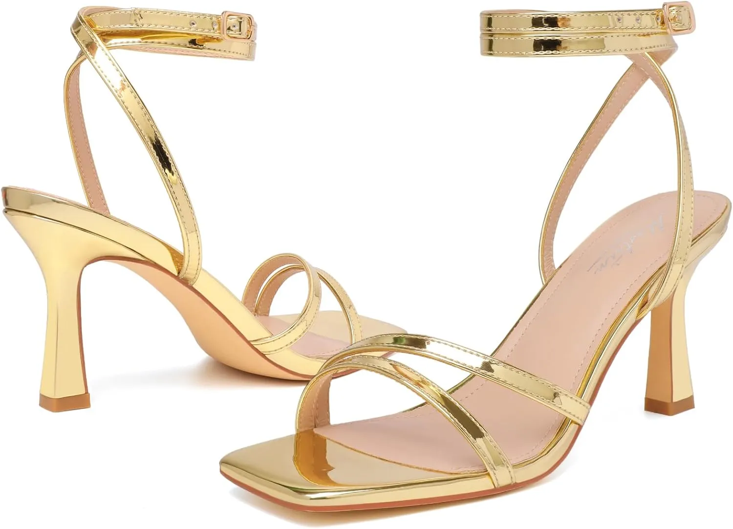 Mostrin Womens Sandals Strappy Heels for Women Ankle Strap Lace Up Heels Square Open Toe Heels Tie Up Stiletto High Heeled Sandals for Prom, Party, Daily Wear