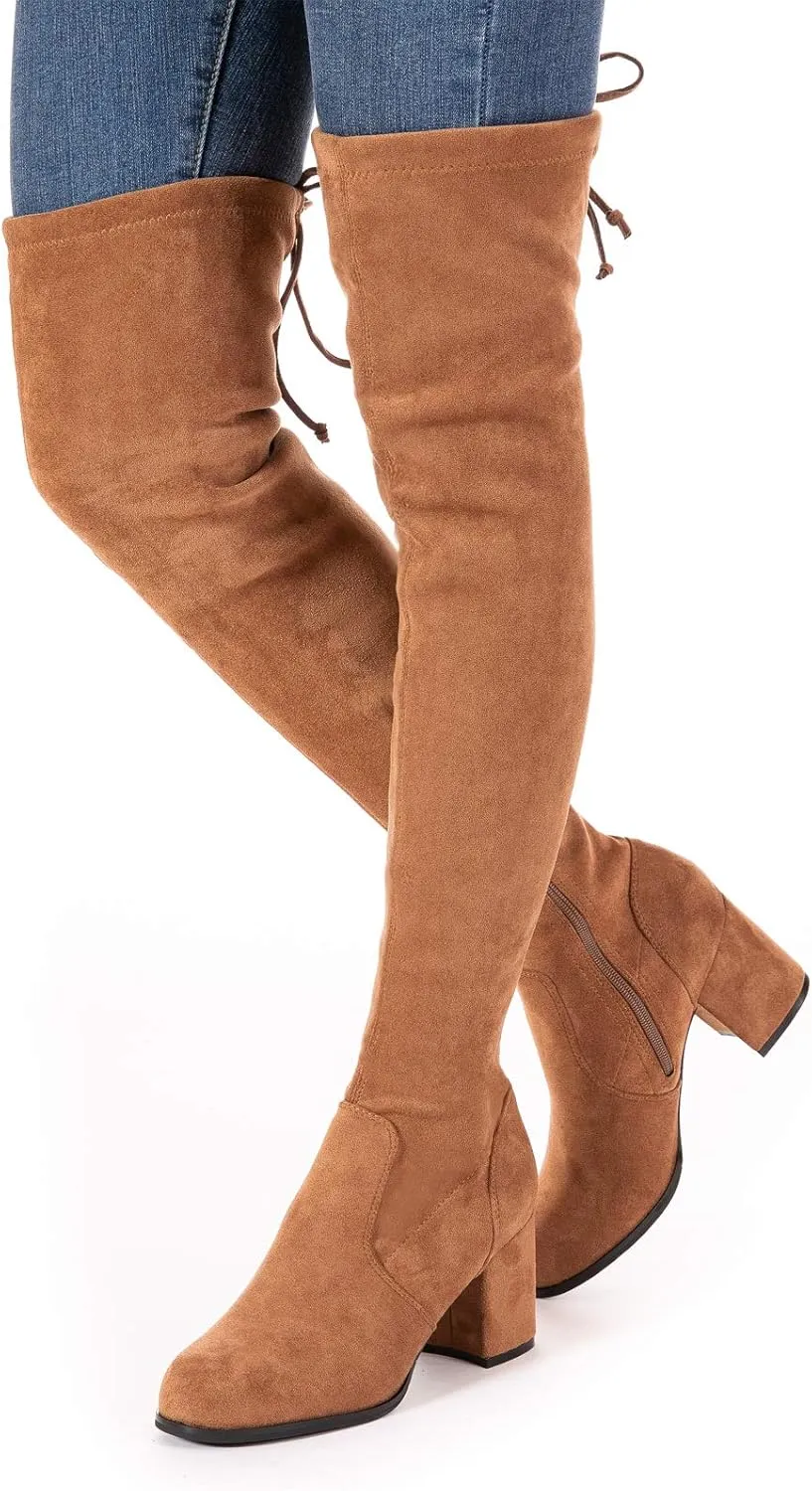 Mtzyoa Over The Knee Boots for Women Black Brown Lace Up Thigh High Suede Long OTK Block Heel Stretch