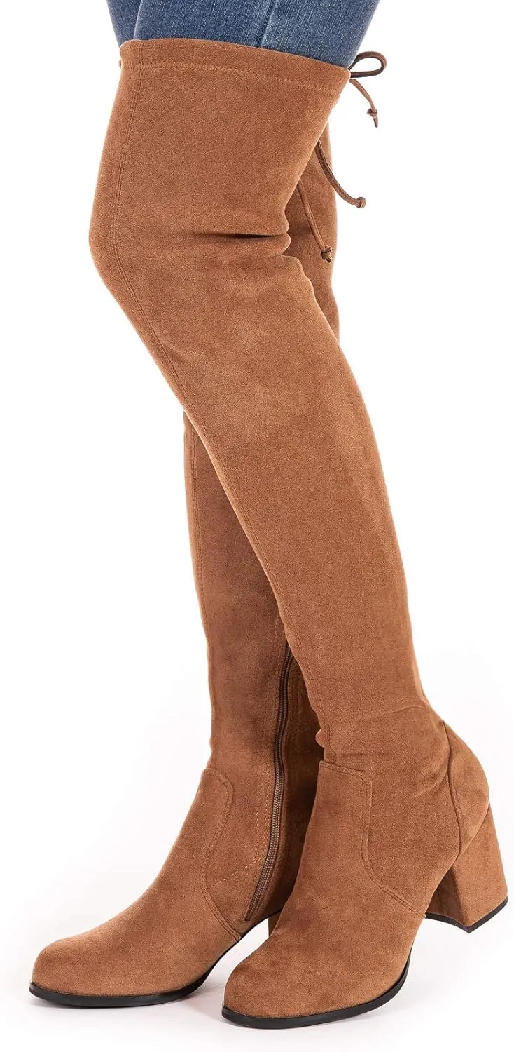 Mtzyoa Over The Knee Boots for Women Black Brown Lace Up Thigh High Suede Long OTK Block Heel Stretch