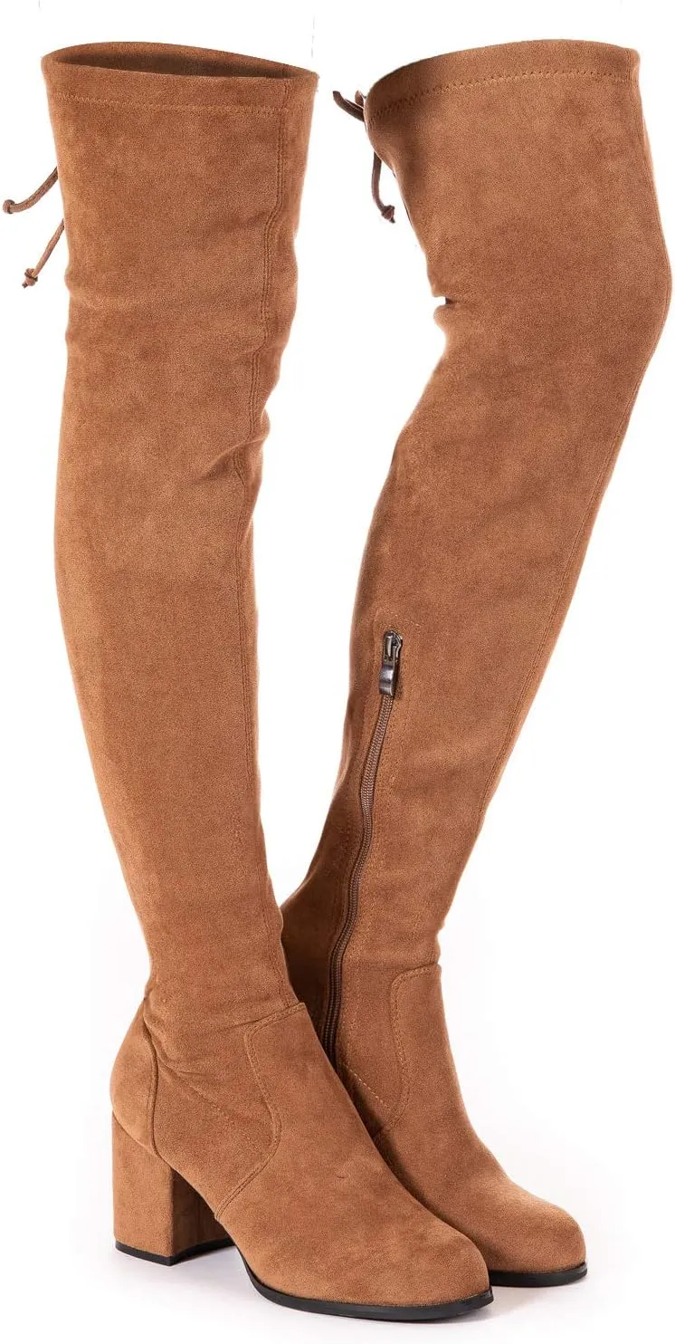 Mtzyoa Over The Knee Boots for Women Black Brown Lace Up Thigh High Suede Long OTK Block Heel Stretch