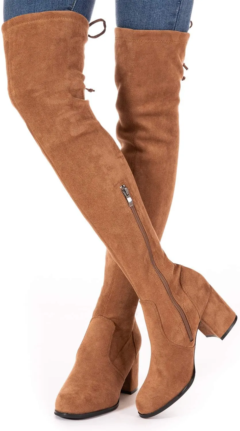 Mtzyoa Over The Knee Boots for Women Black Brown Lace Up Thigh High Suede Long OTK Block Heel Stretch