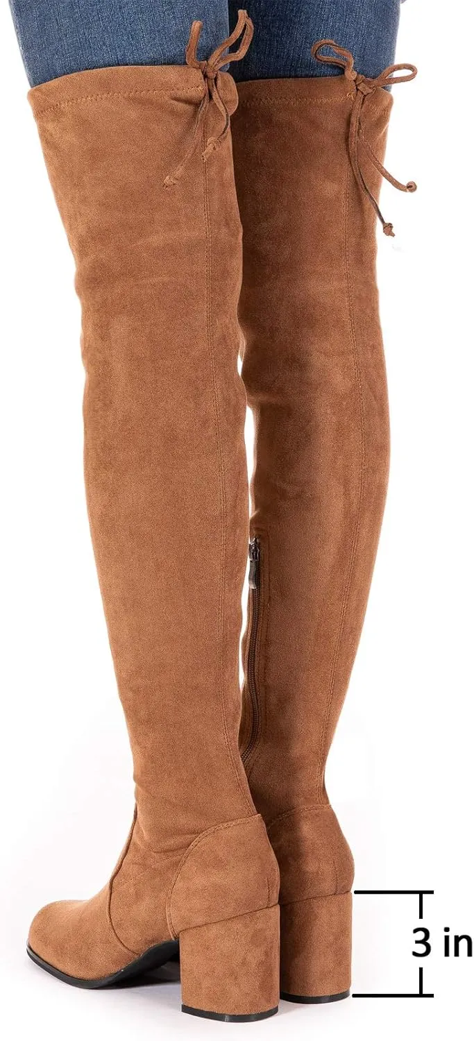 Mtzyoa Over The Knee Boots for Women Black Brown Lace Up Thigh High Suede Long OTK Block Heel Stretch