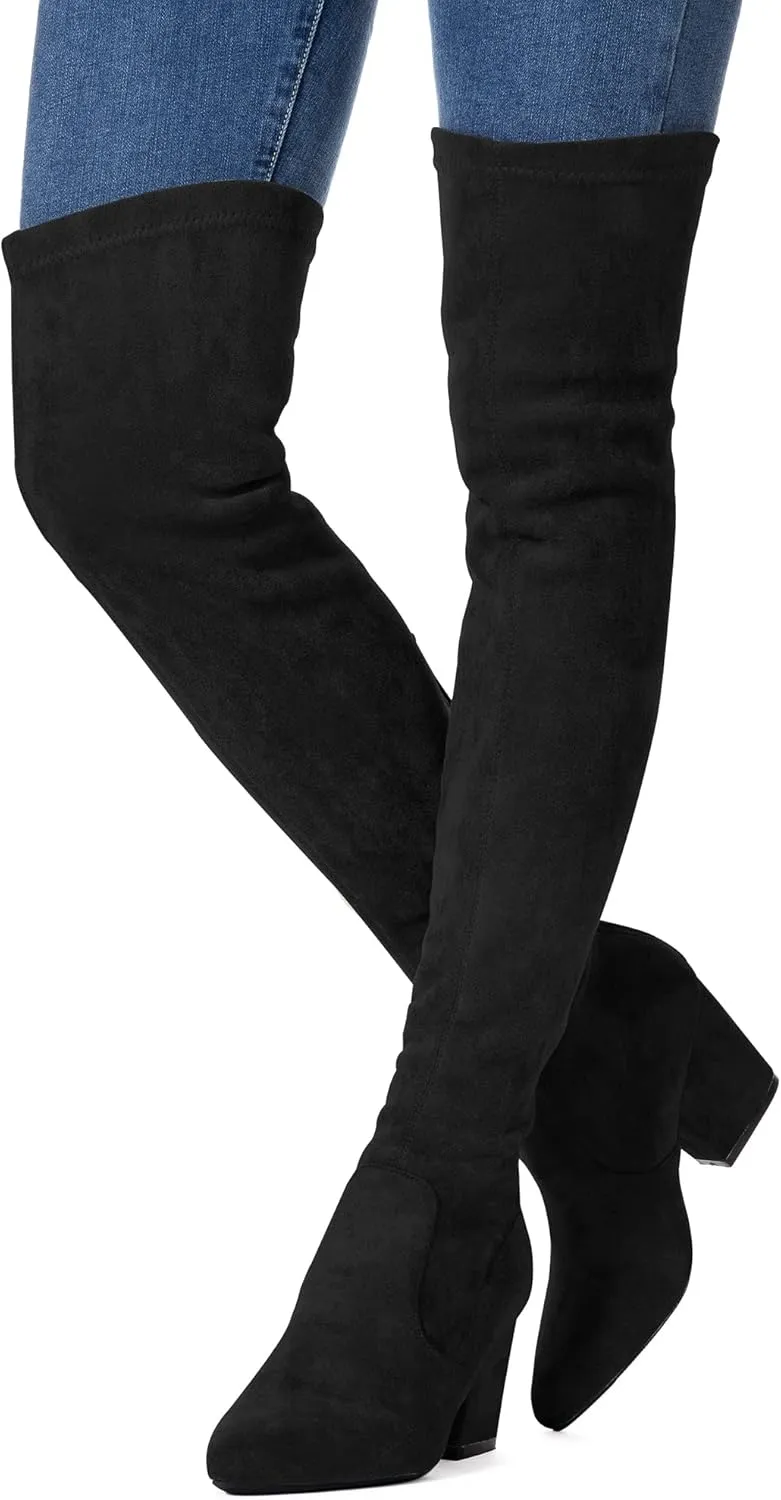 Mtzyoa Thigh High Block Heel Boot Women Pointed Toe Stretch Over The Knee Boots