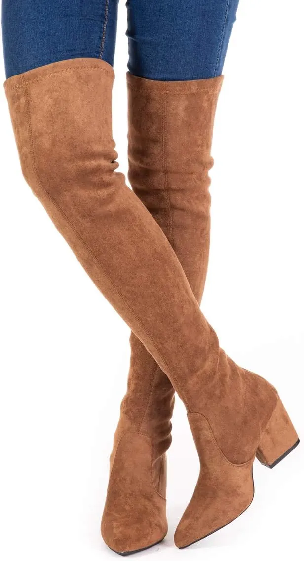 Mtzyoa Thigh High Block Heel Boot Women Pointed Toe Stretch Over The Knee Boots