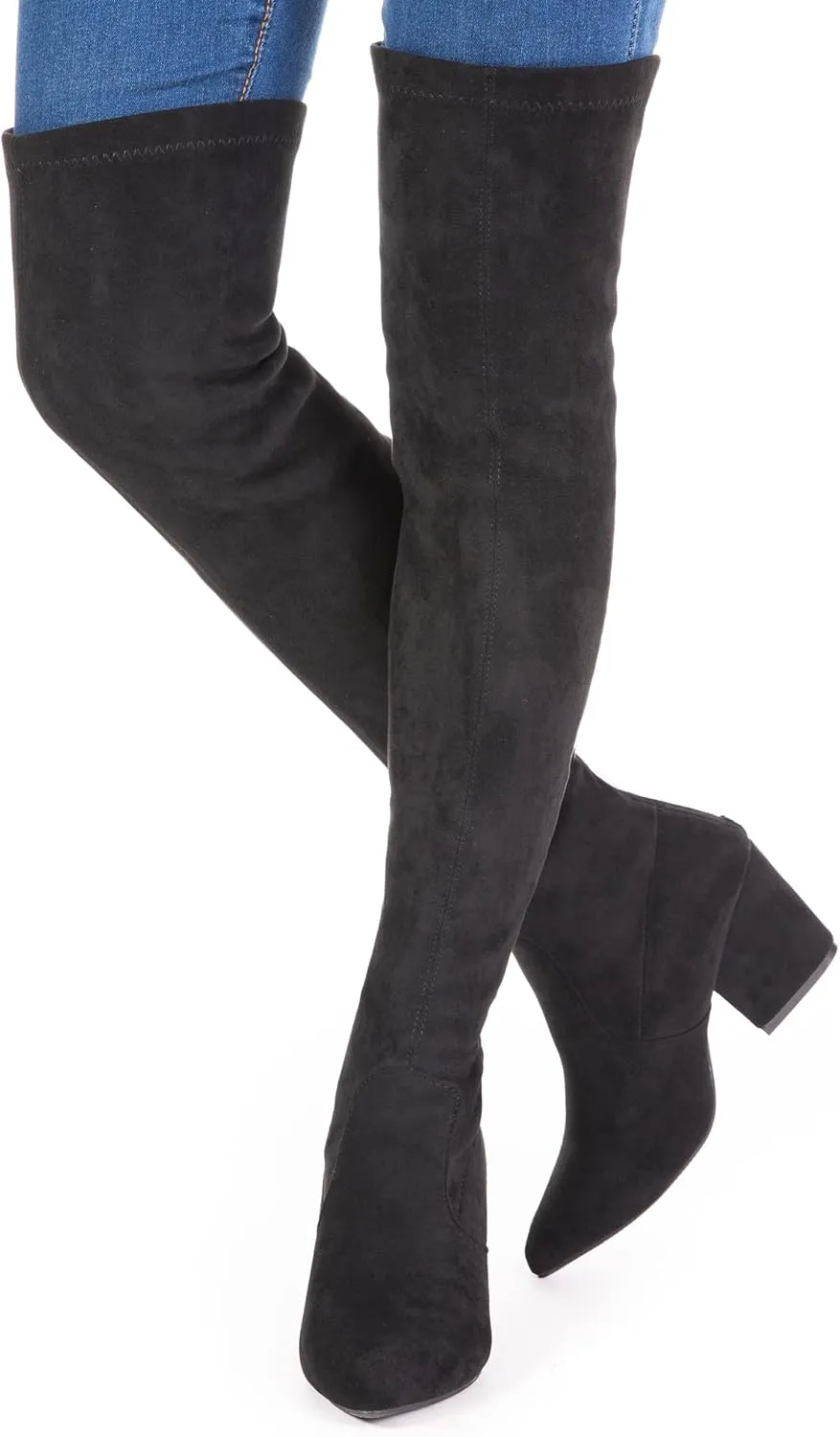 Mtzyoa Thigh High Block Heel Boot Women Pointed Toe Stretch Over The Knee Boots