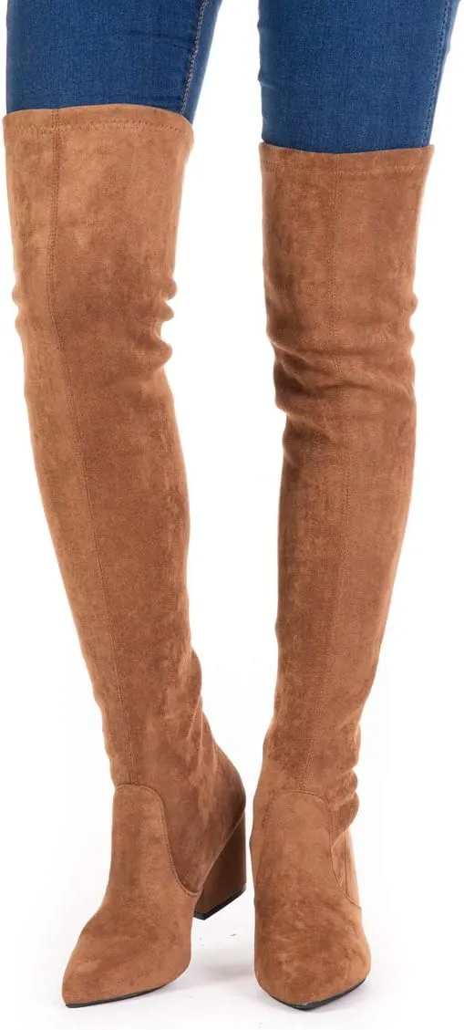 Mtzyoa Thigh High Block Heel Boot Women Pointed Toe Stretch Over The Knee Boots