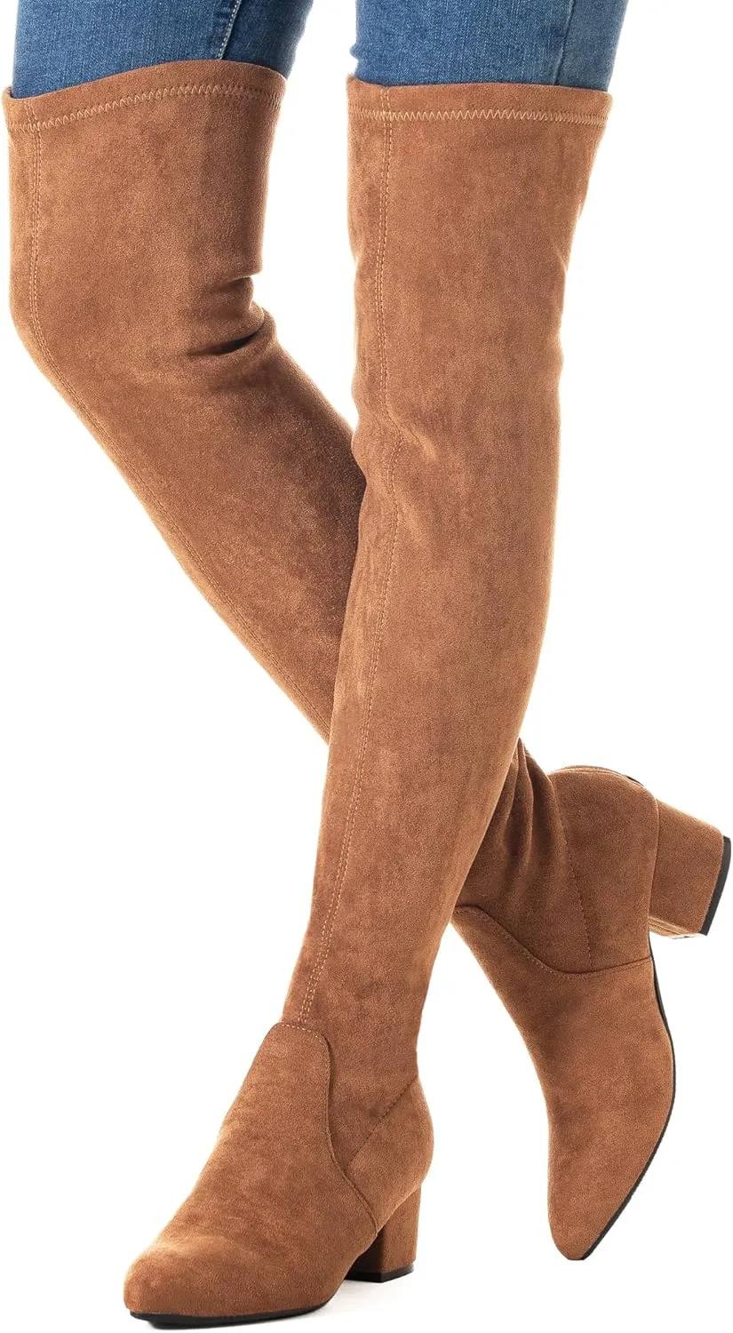 Mtzyoa Thigh High Block Heel Boot Women Pointed Toe Stretch Over The Knee Boots