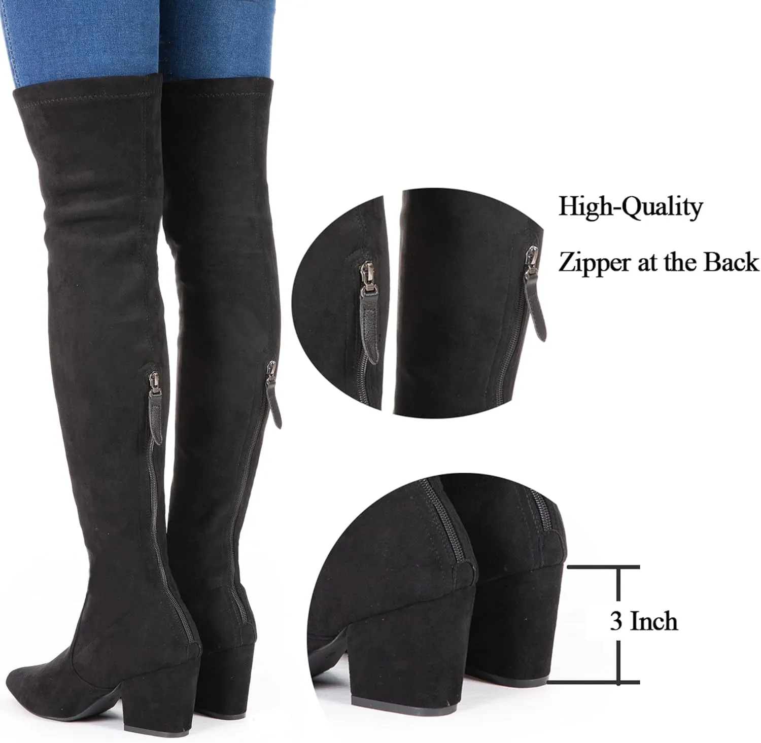 Mtzyoa Thigh High Block Heel Boot Women Pointed Toe Stretch Over The Knee Boots