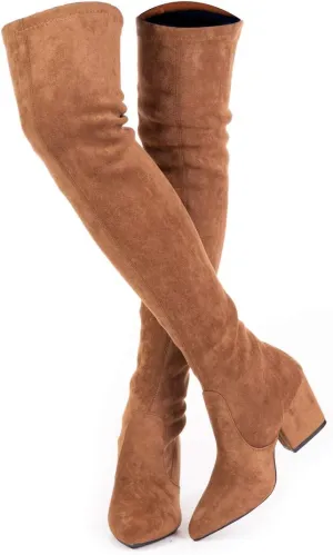 Mtzyoa Thigh High Block Heel Boot Women Pointed Toe Stretch Over The Knee Boots