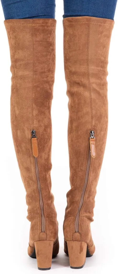 Mtzyoa Thigh High Block Heel Boot Women Pointed Toe Stretch Over The Knee Boots