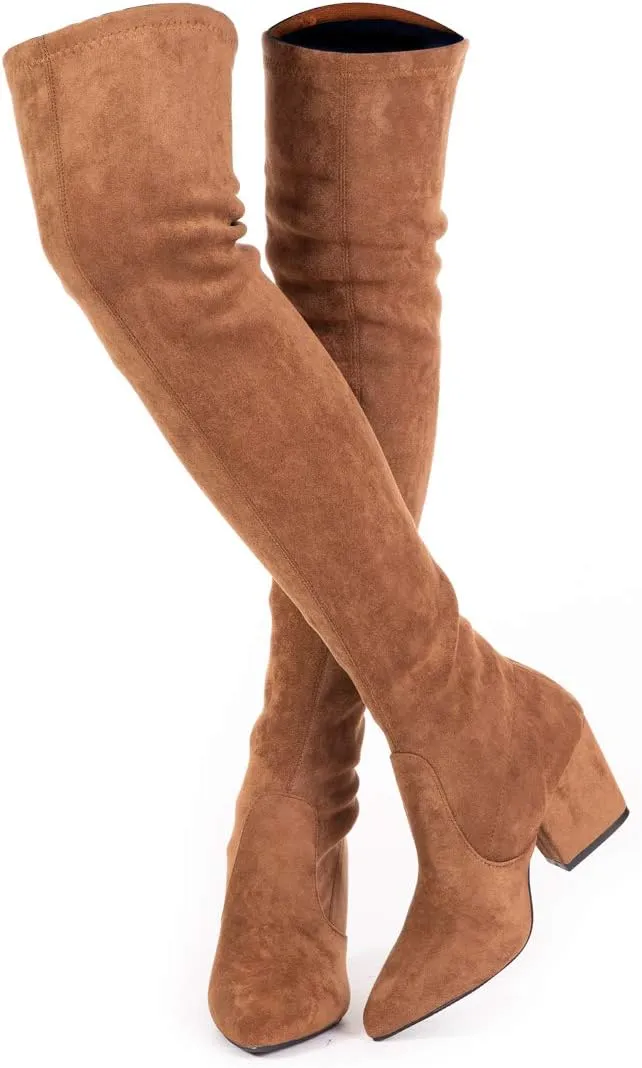 Mtzyoa Thigh High Block Heel Boot Women Pointed Toe Stretch Over The Knee Boots