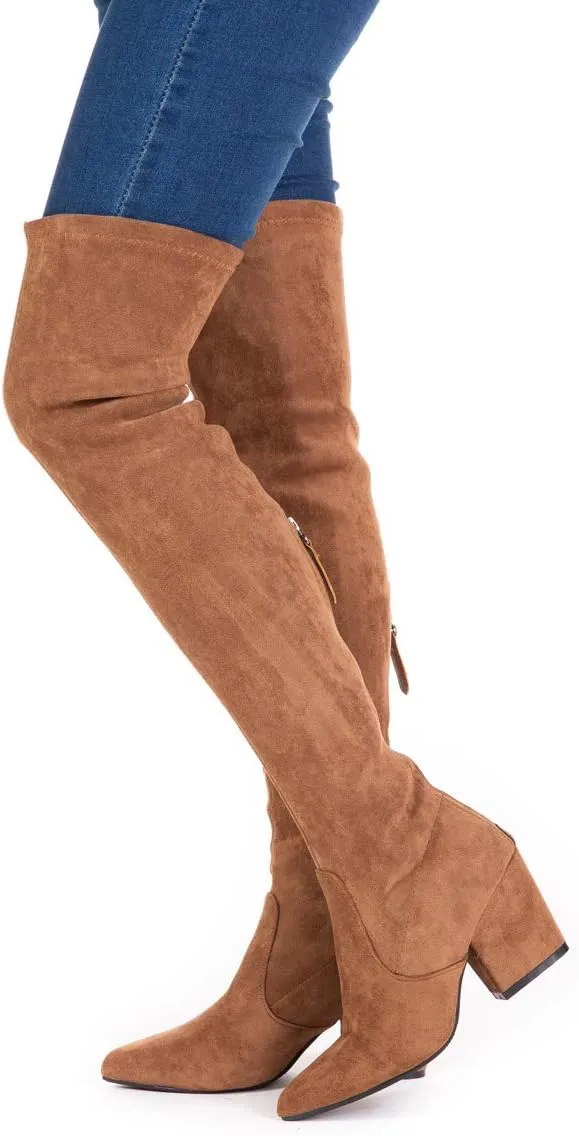 Mtzyoa Thigh High Block Heel Boot Women Pointed Toe Stretch Over The Knee Boots