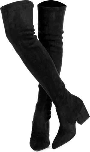 Mtzyoa Thigh High Block Heel Boot Women Pointed Toe Stretch Over The Knee Boots