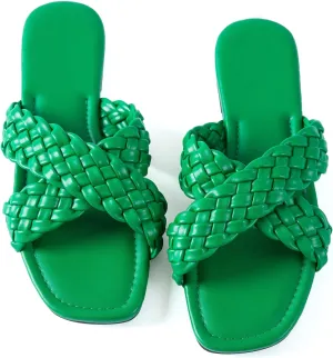 Mtzyoa Women Flat Sandals Green Size 8.5 Dressy Summer Casual Braided Crossover Vacation Bohemian Cute Leather Slides
