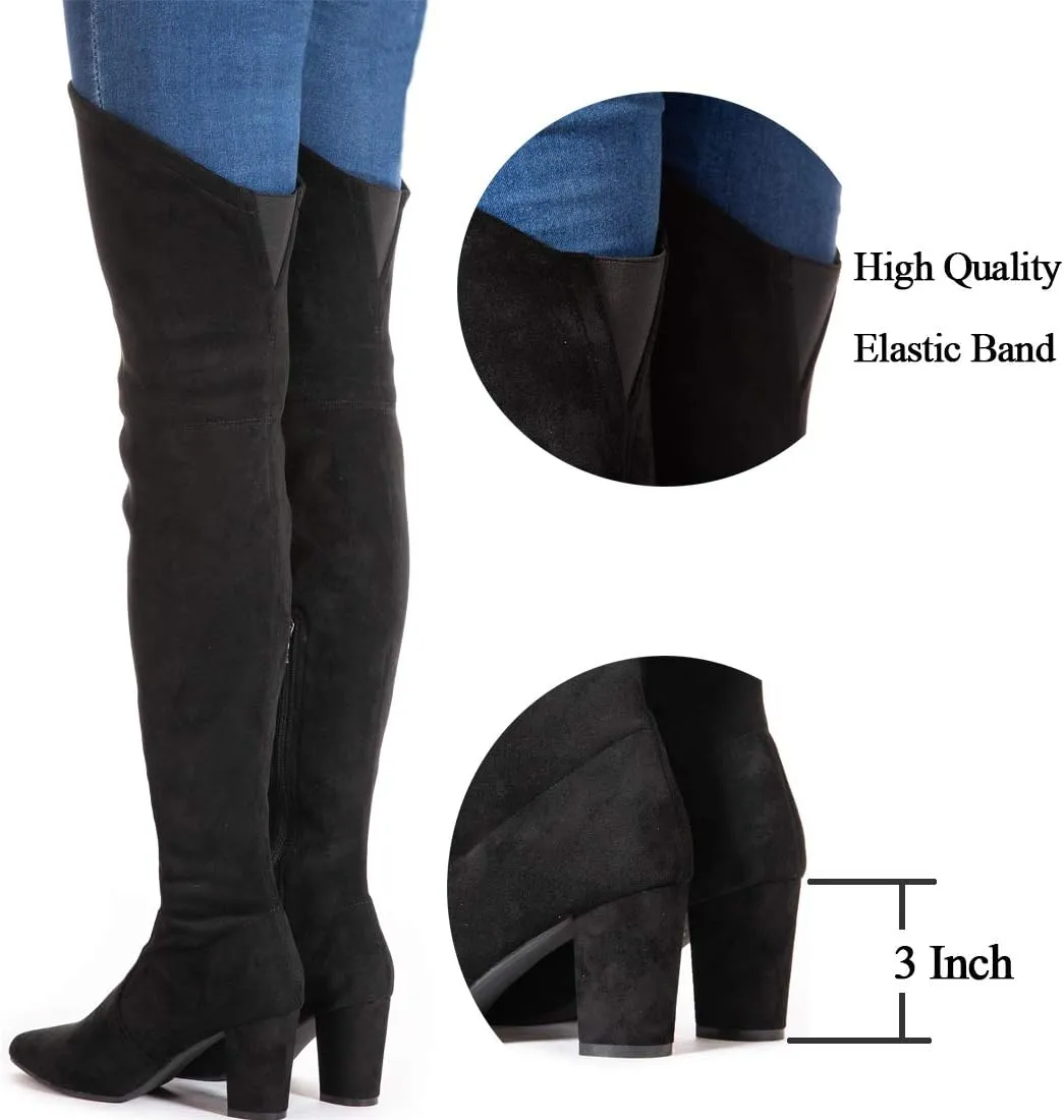 Mtzyoa Women Over The Knee Boots Thigh High Block Heel OTK Stretch Stiletto Heel Pointed Toe