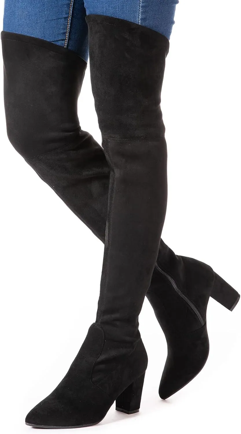 Mtzyoa Women Over The Knee Boots Thigh High Block Heel OTK Stretch Stiletto Heel Pointed Toe