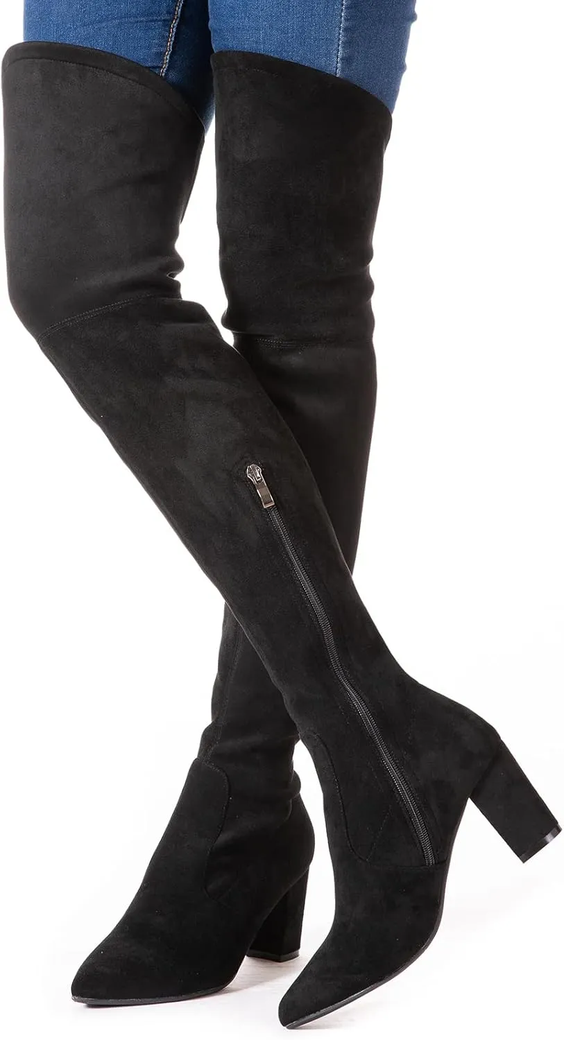 Mtzyoa Women Over The Knee Boots Thigh High Block Heel OTK Stretch Stiletto Heel Pointed Toe