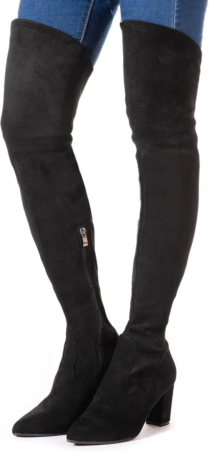 Mtzyoa Women Over The Knee Boots Thigh High Block Heel OTK Stretch Stiletto Heel Pointed Toe