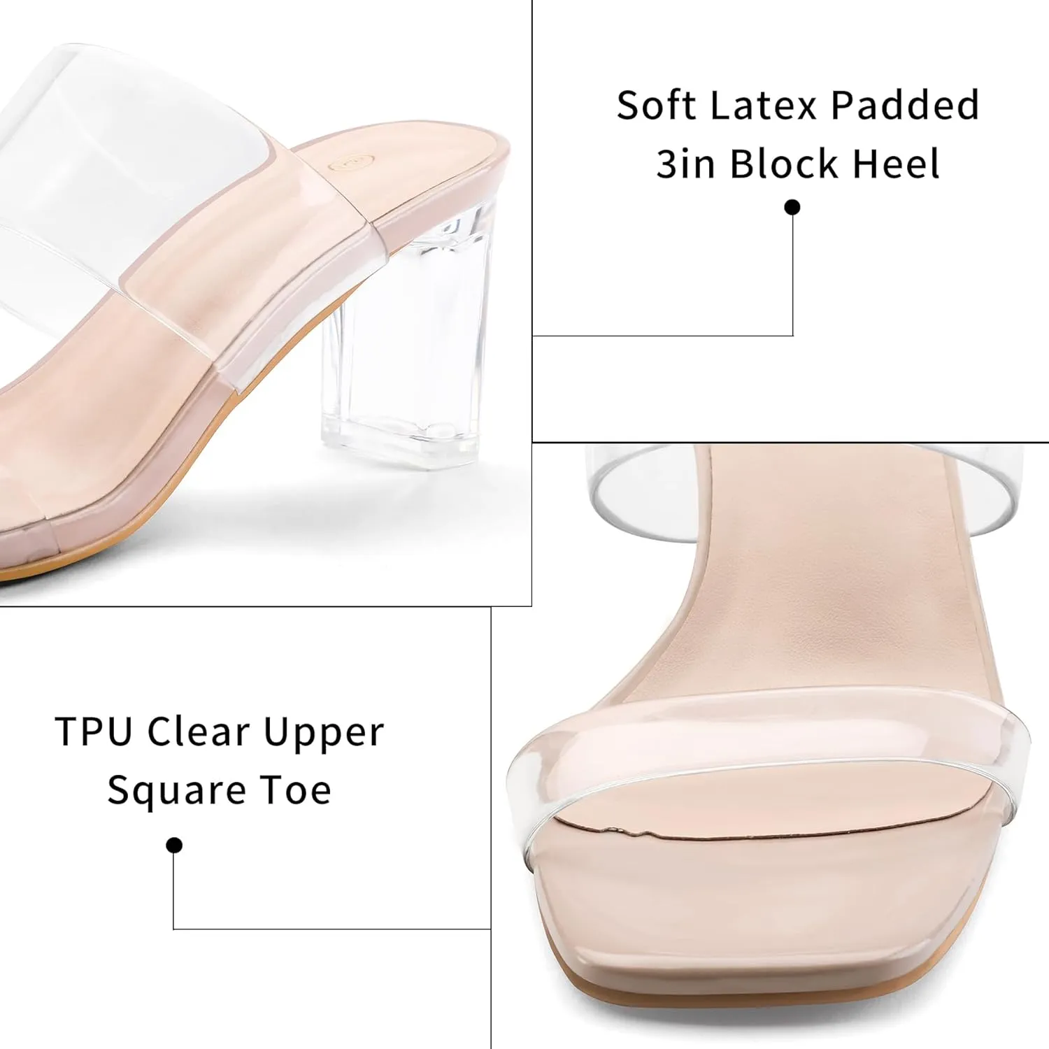 mysoft Clear Heels for Women Transparent Two Strap Block Chunky Square Heel Sandals Open Toe Slip On Sandals