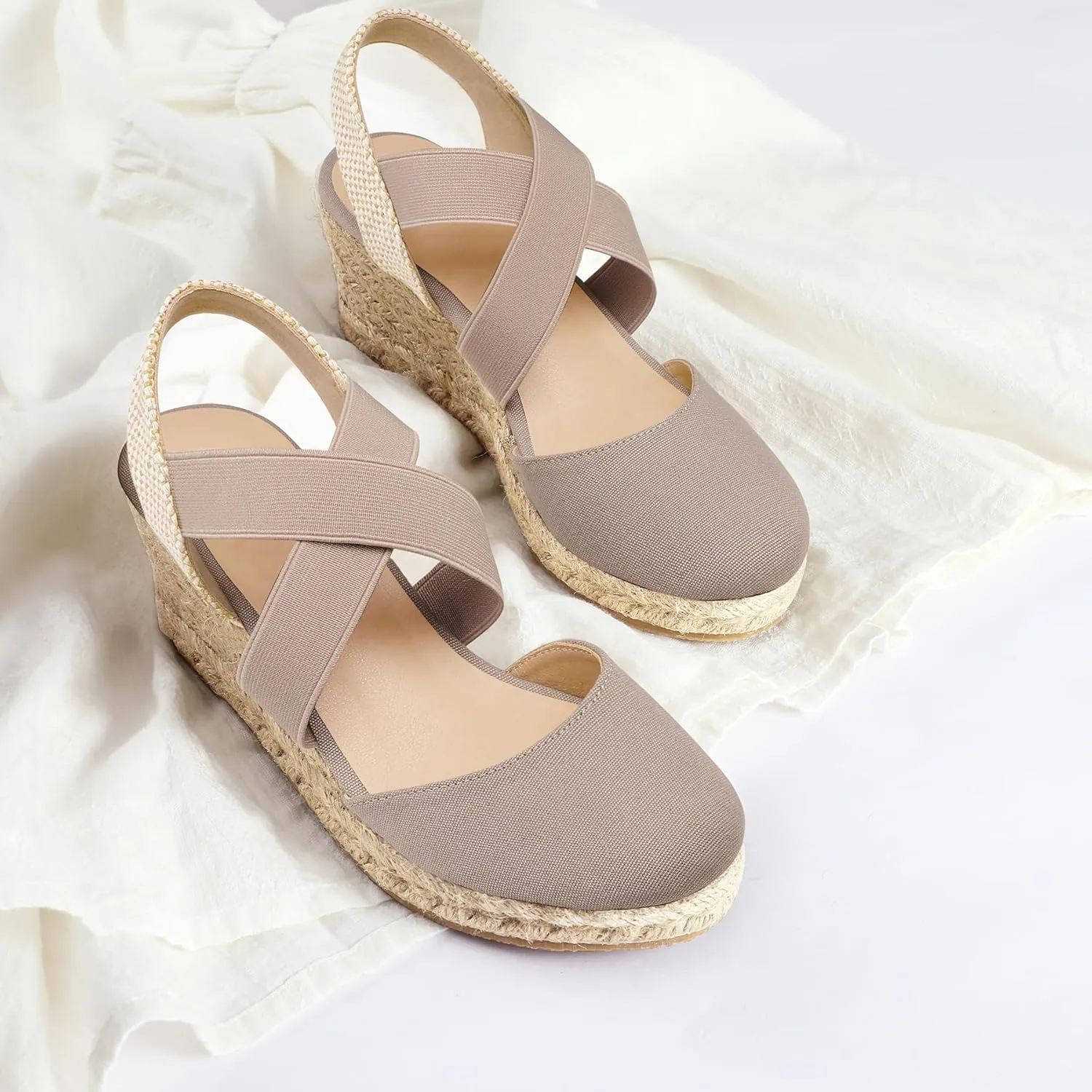 mysoft Women's Closed Toe Crisscross Elastic Ankle Strap Platform Espadrille Wedge Sandals