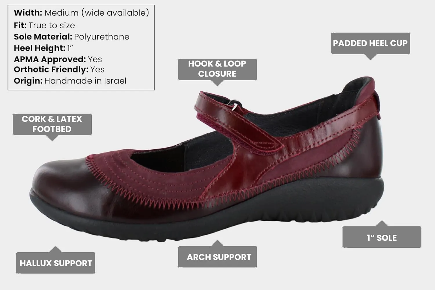 NAOT Footwear Women's Kirei Maryjane with Cork Footbed and Arch Comfort and Support - Lightweight and Perfect for Travel- Removable Footbed